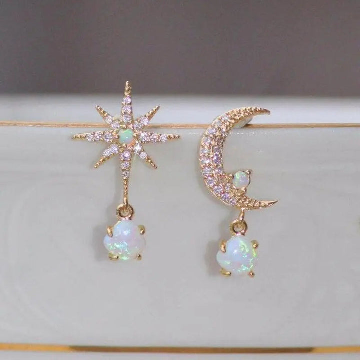 Gold and Opal Moon & Star Earrings