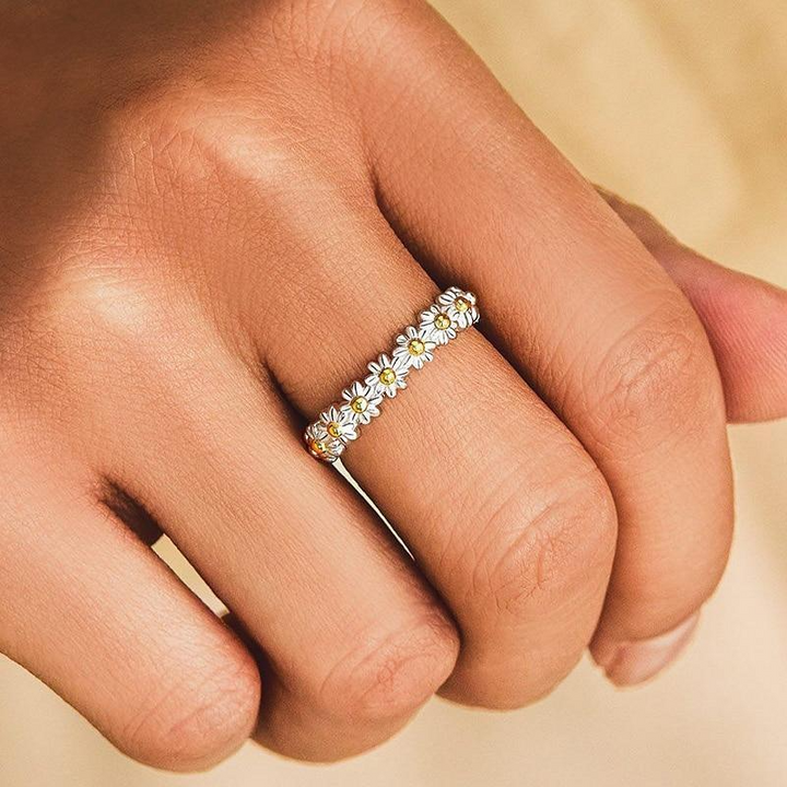 Adjustable Silver Ring with Hand-Painted Enamel Daisies