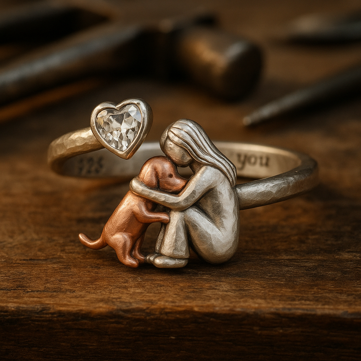 Adjustable Handmade Silver Dog Ring with Heart-Shaped Zirconia