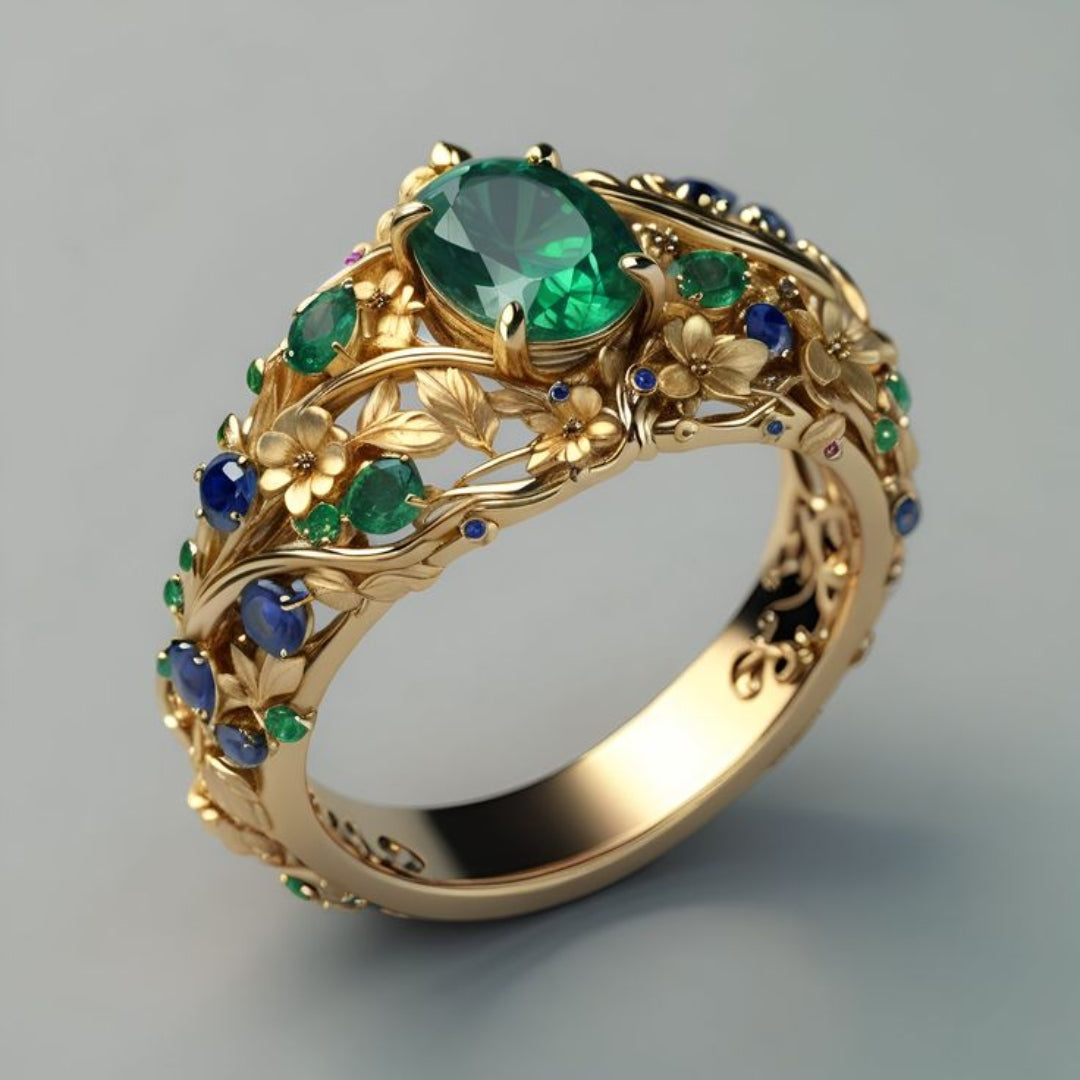 Gold Ring with Green and Blue Crystals" can be rewritten as: "Stunning Gold Ring with Green & Blue Crystals.