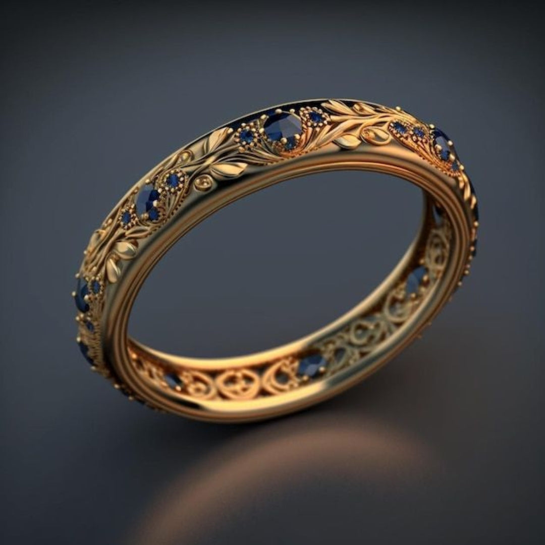 Exotic Leaf Design Ring with Blue Zirconia