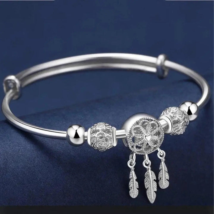 Silver Adjustable Bracelet with Three-Leaf Charms