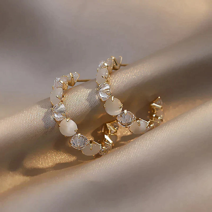 Gold White Opal & Crystal Earrings