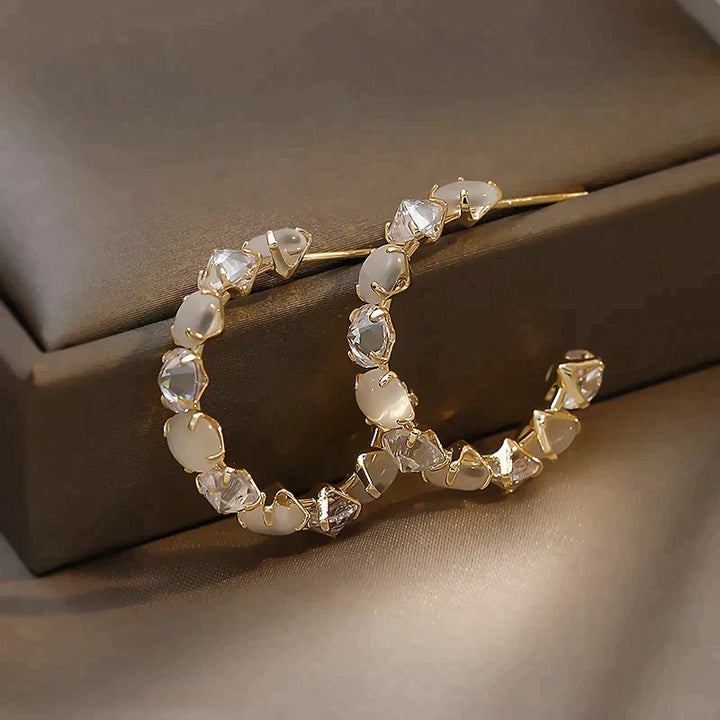 Gold White Opal & Crystal Earrings