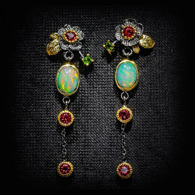 Vintage Gold Earrings with Blue Opal and Red Crystals