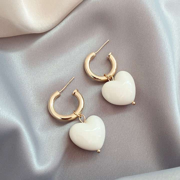 Gold White Heart Earrings