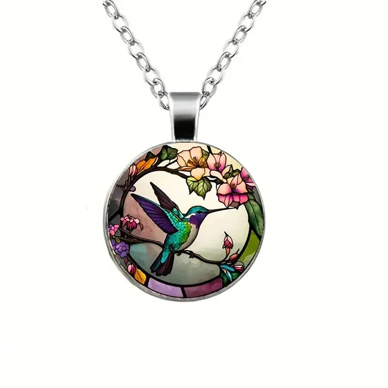 Hummingbird Crystal Pendant Necklace with Dome Design