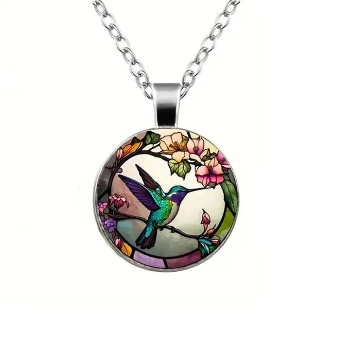 Hummingbird Crystal Pendant Necklace with Dome Design