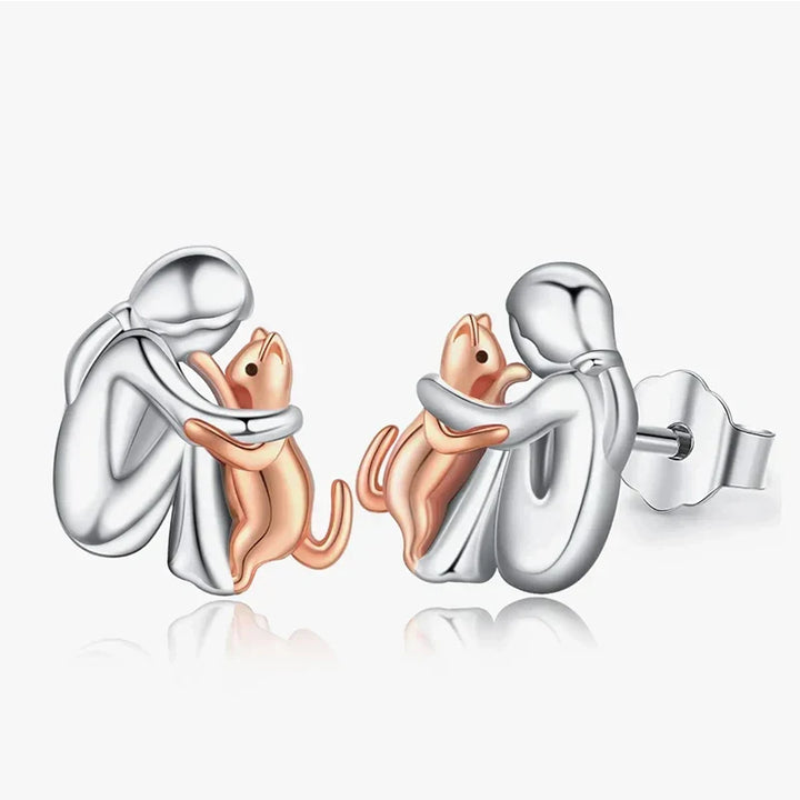 Bicolor Silver and Gold Cat Hug Earrings