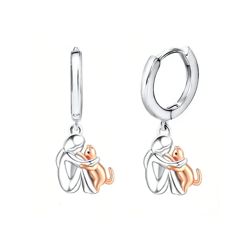 Bicolor Silver and Gold Cat Hug Earrings
