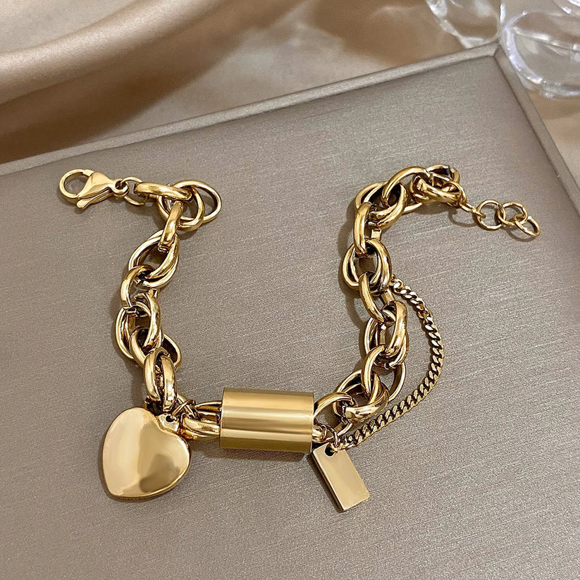 Gold Heart Charm Thick Bracelet