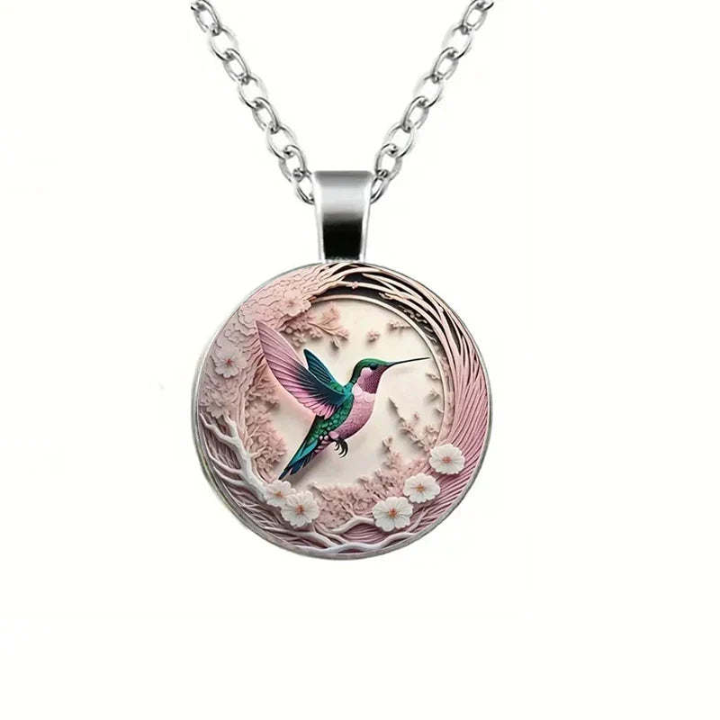 Hummingbird Crystal Pendant Necklace with Dome Design