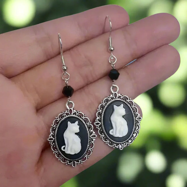 Vintage White Cat Dangle Earrings – Silver Frame for Women