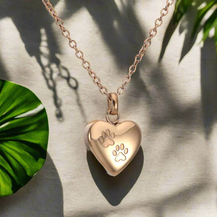 Heart-Shaped Pet Memorial Urn Necklace with Paw Engraving