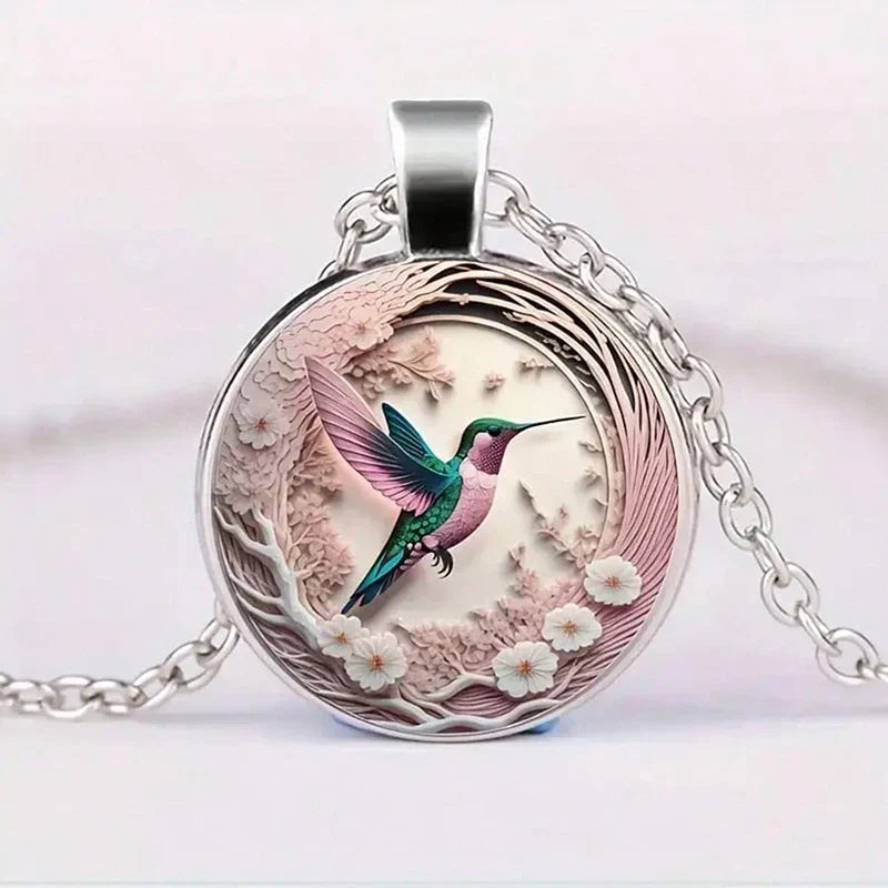 Hummingbird Crystal Pendant Necklace with Dome Design
