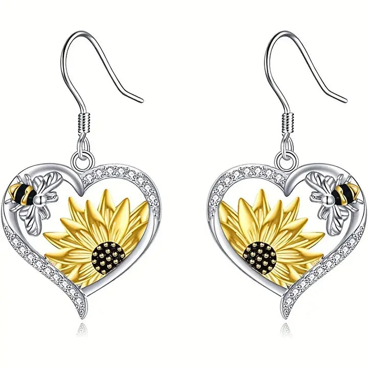 Vintage Boho Heart Dangle Earrings with Sunflower & Bee