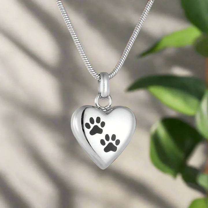 Pet Memorial Urn Necklace with Heart Pendant and Engraved Paw