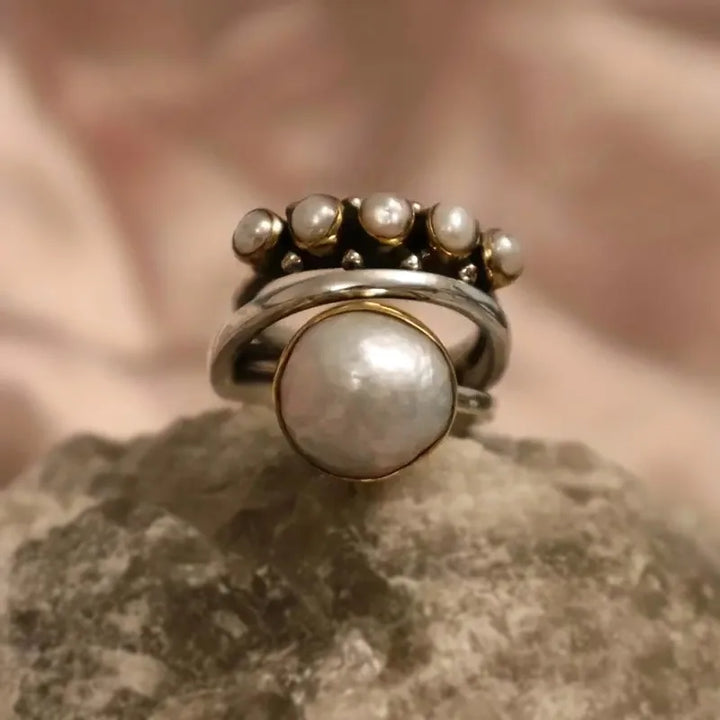 Vintage Silver Crown Ring with Pearls