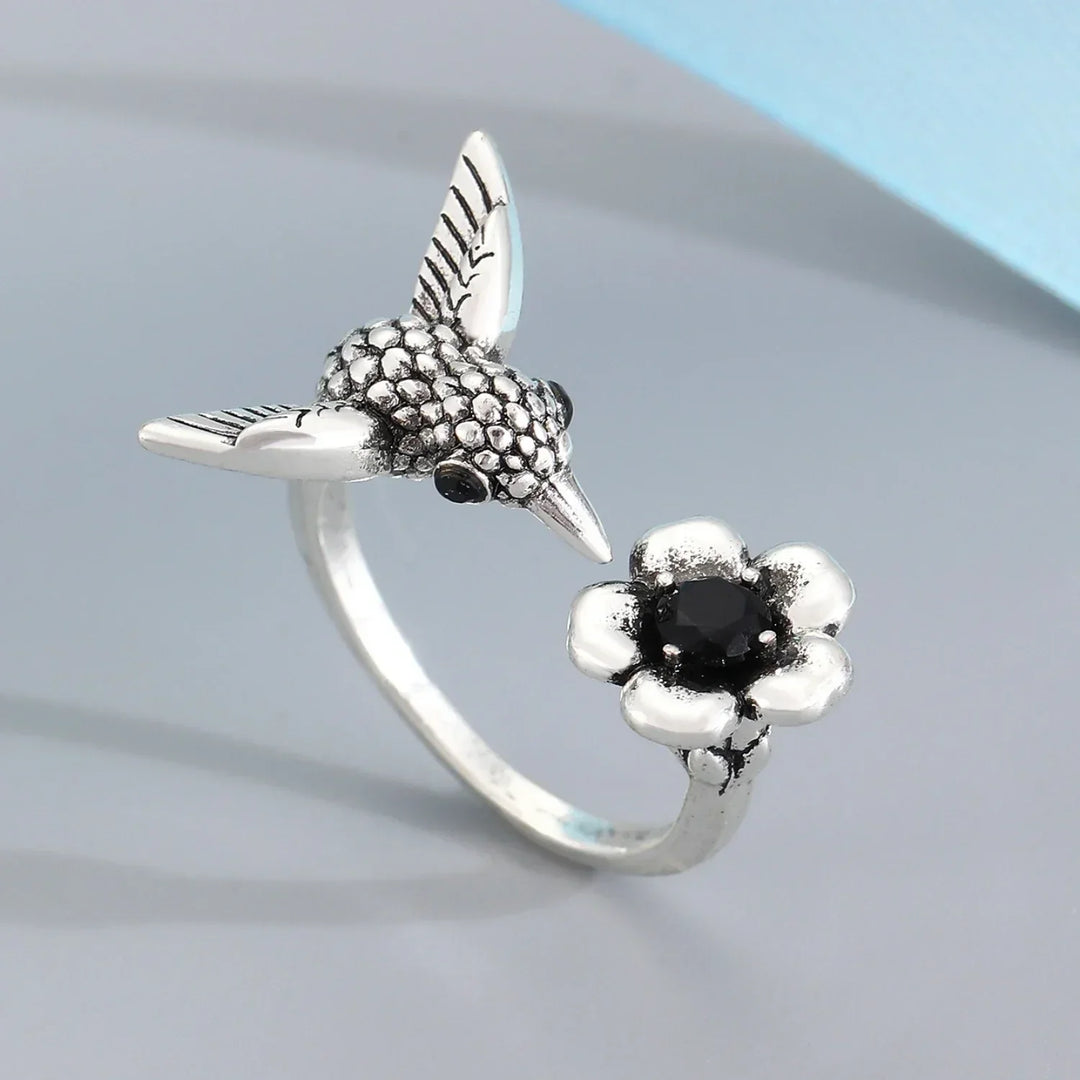 Adjustable Hummingbird & Flower Ring