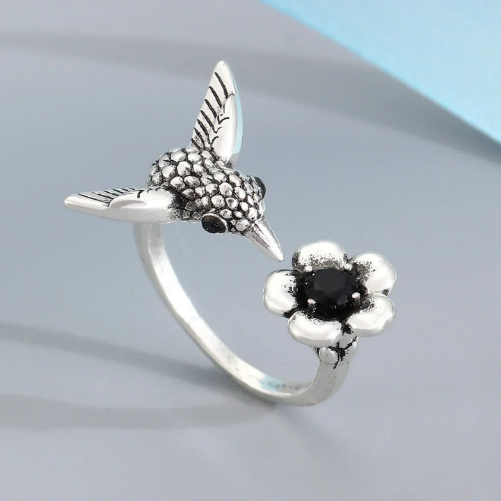 Adjustable Hummingbird and Flower Ring
