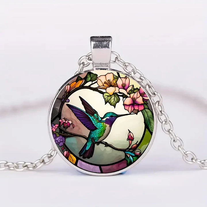 Hummingbird Crystal Pendant Necklace with Dome Design