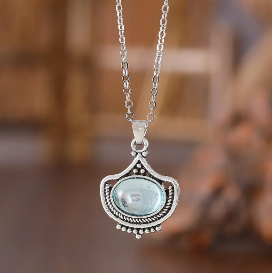 Vintage Oval Blue Gemstone Necklace and Earring Set