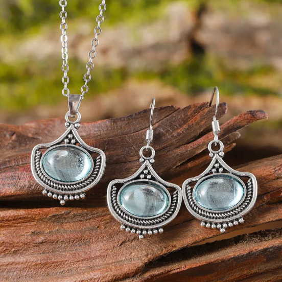 Vintage Oval Blue Gemstone Necklace and Earring Set