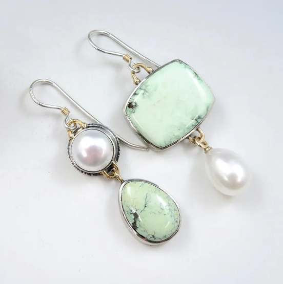 Unique Asymmetrical Pearl & Green Enamel Earrings