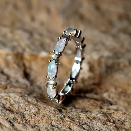 Heart-Shaped Opal and Diamond Platinum Ring