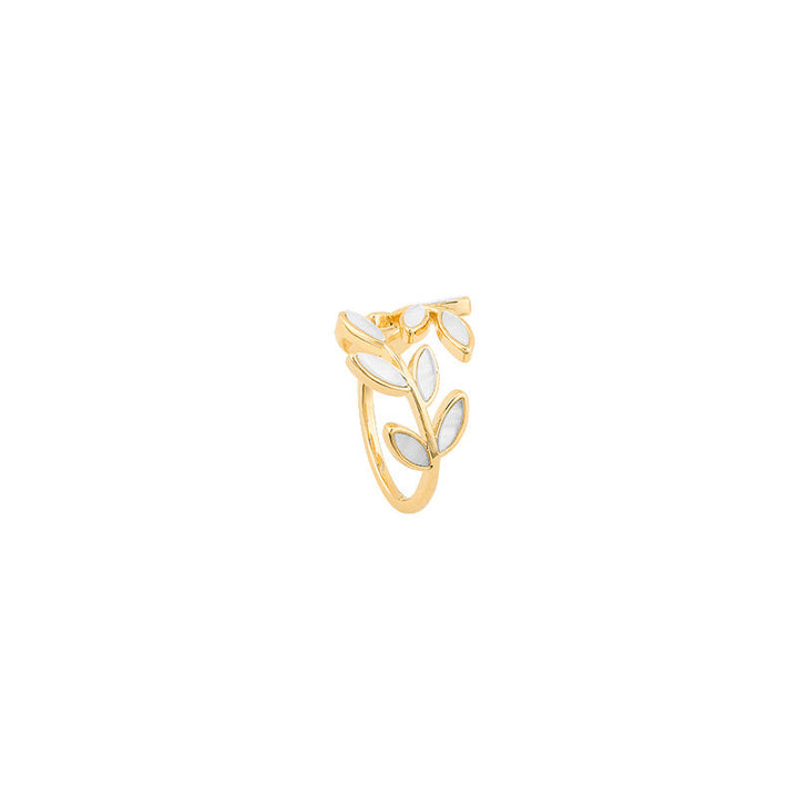 Gold Adjustable Ring with White Opal Leaf
