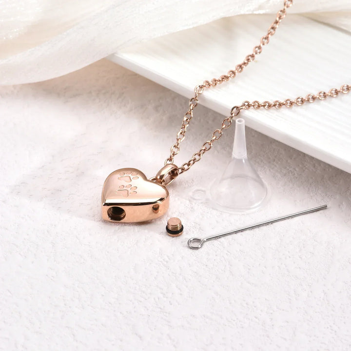 Heart-Shaped Pet Memorial Urn Necklace with Paw Engraving