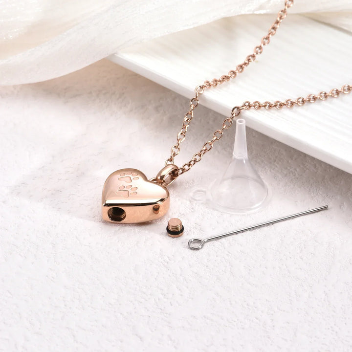 Pet Memorial Urn Necklace with Heart Pendant and Engraved Paw