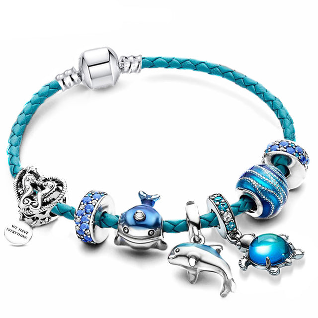 Ocean Bracelet with Leather and Silver Pendants