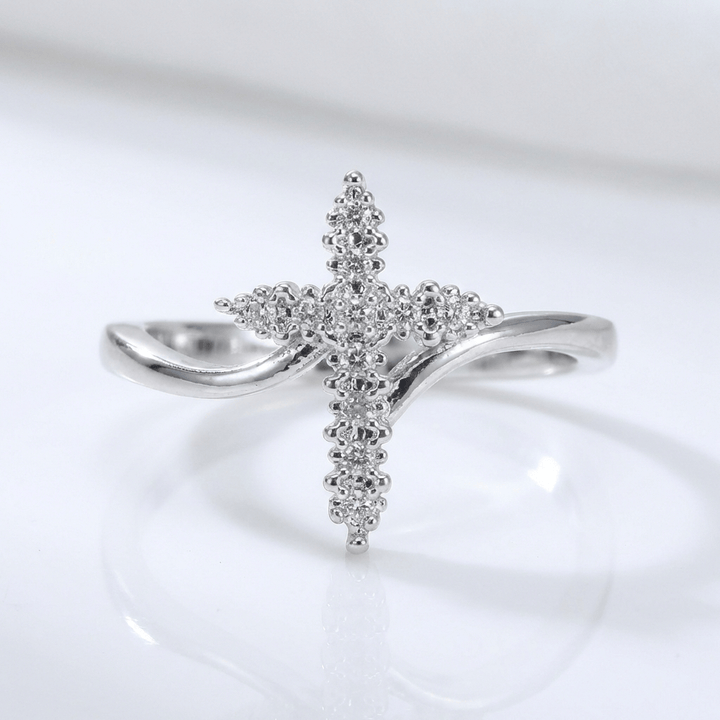 Zirconia-Studded Silver Cross Ring
