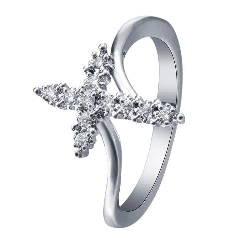 Zirconia-Studded Silver Cross Ring