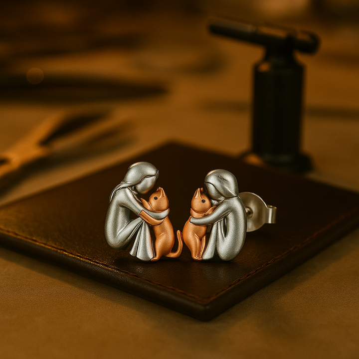 Bicolor Silver and Gold Cat Hug Earrings