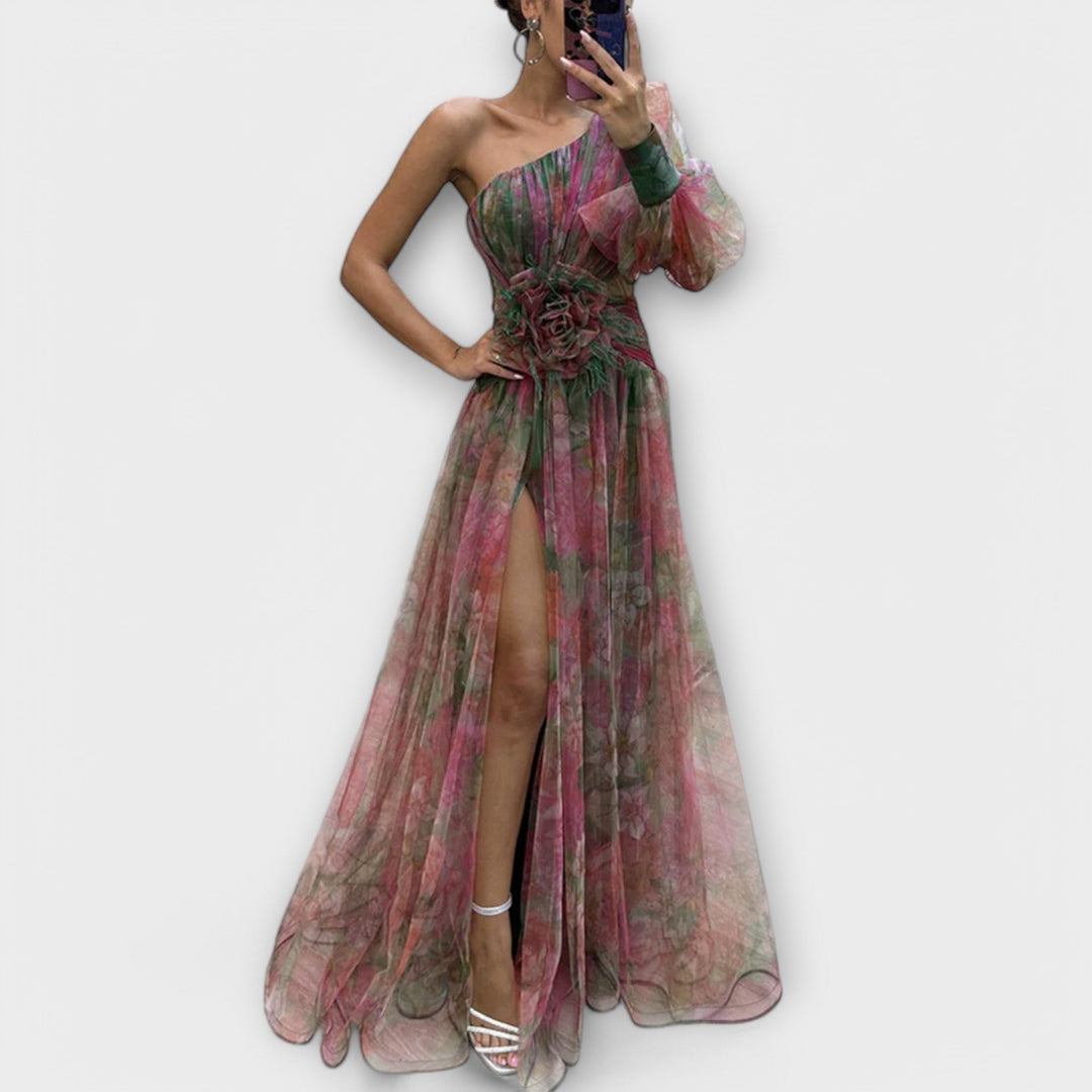 Elegant evening dress with one shoulder strap and tailored cut