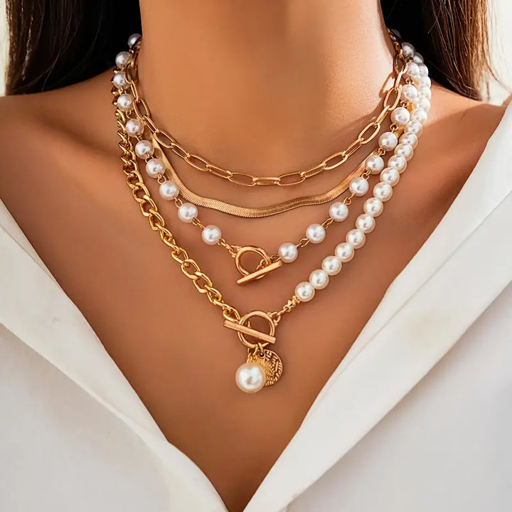 Gold Vintage Pearl and Snake Chain Necklace Set