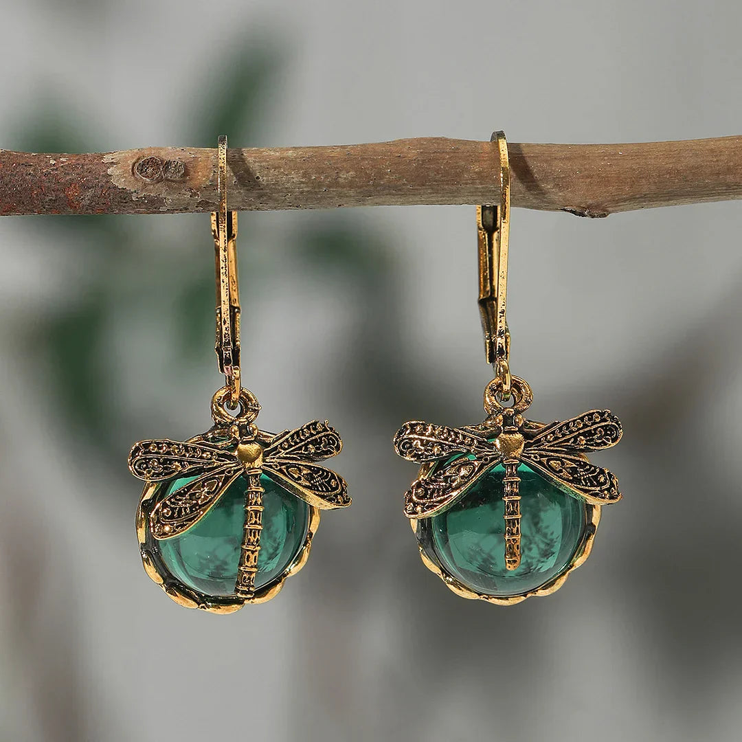 Antique Silver Dragonfly Sphere Earrings