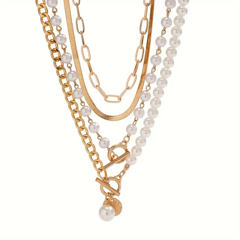 Gold Vintage Pearl and Snake Chain Necklace Set