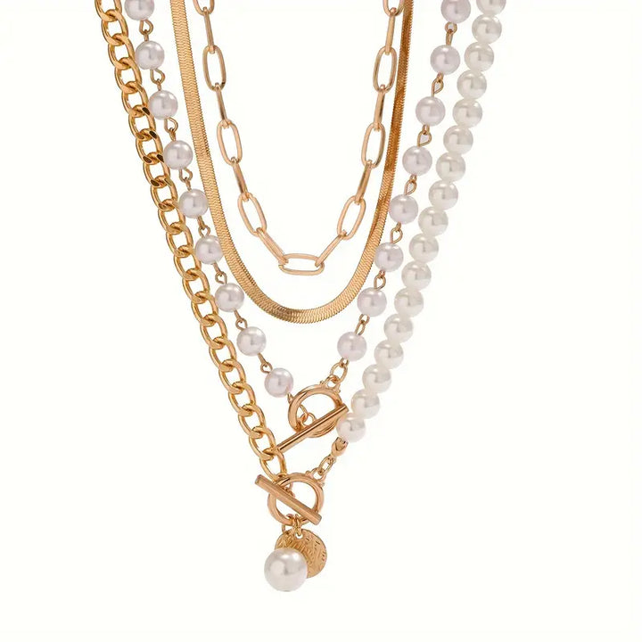 Gold Vintage Pearl & Snake Chain Necklace Set
