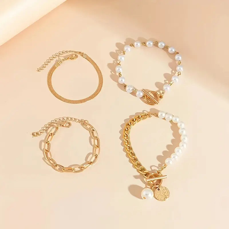 Gold Bracelet Set: 4-Piece with Snake, Pearls & Links