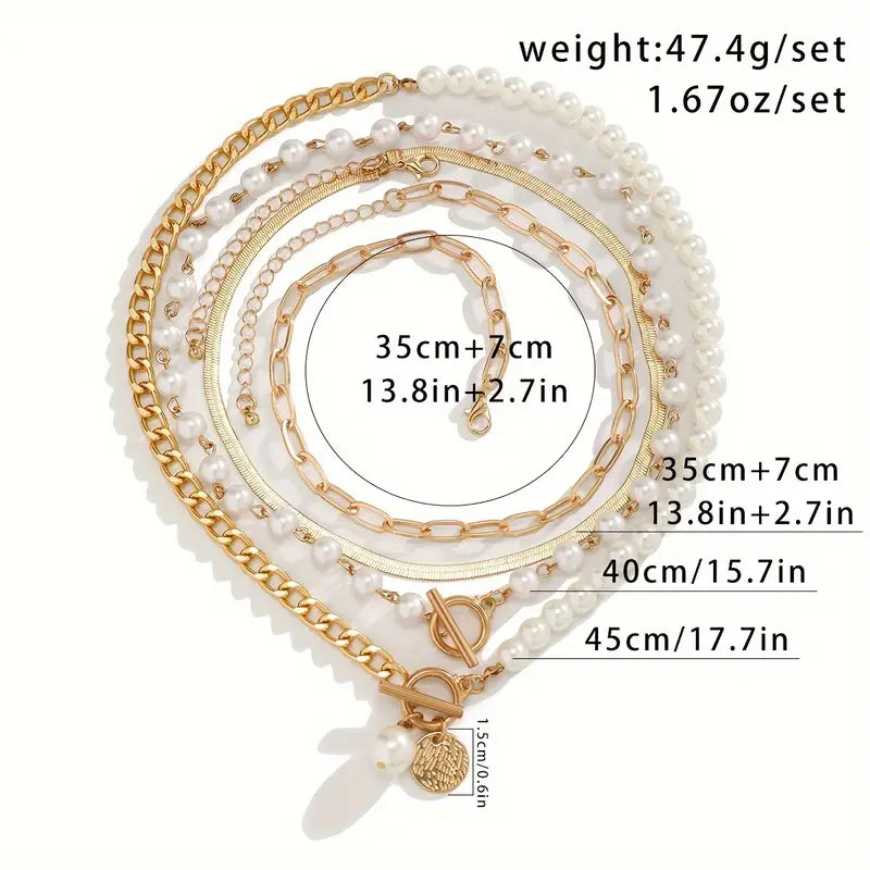 Gold Vintage Pearl and Snake Chain Necklace Set