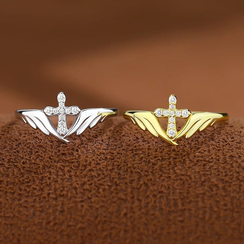 Adjustable Angel Wing Cross Ring with Zircon Diamonds