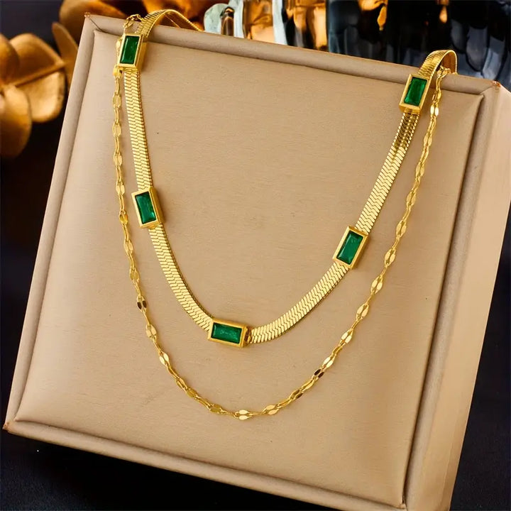 Vintage Emerald Double Gold Necklace