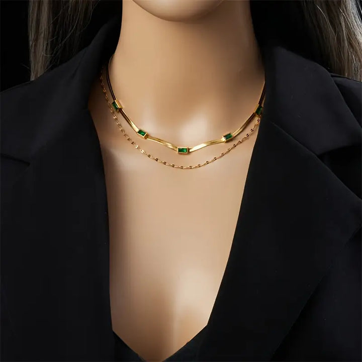 Vintage Emerald Double Gold Necklace