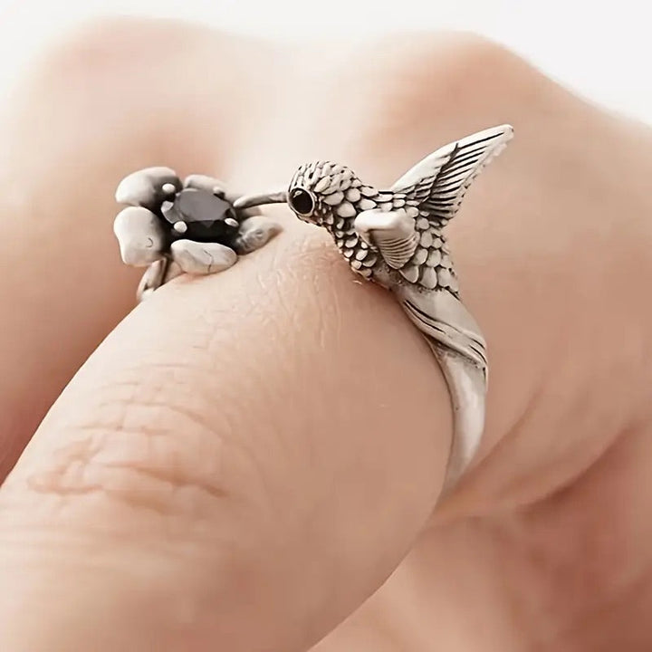 Adjustable Hummingbird and Flower Ring
