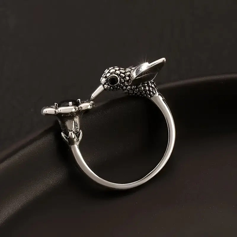 Adjustable Hummingbird & Flower Ring