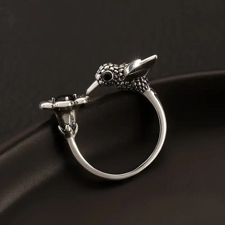 Adjustable Hummingbird and Flower Ring
