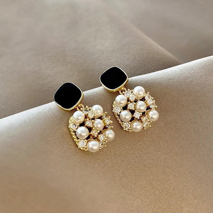 Gold Pearl Earrings with Black Opal